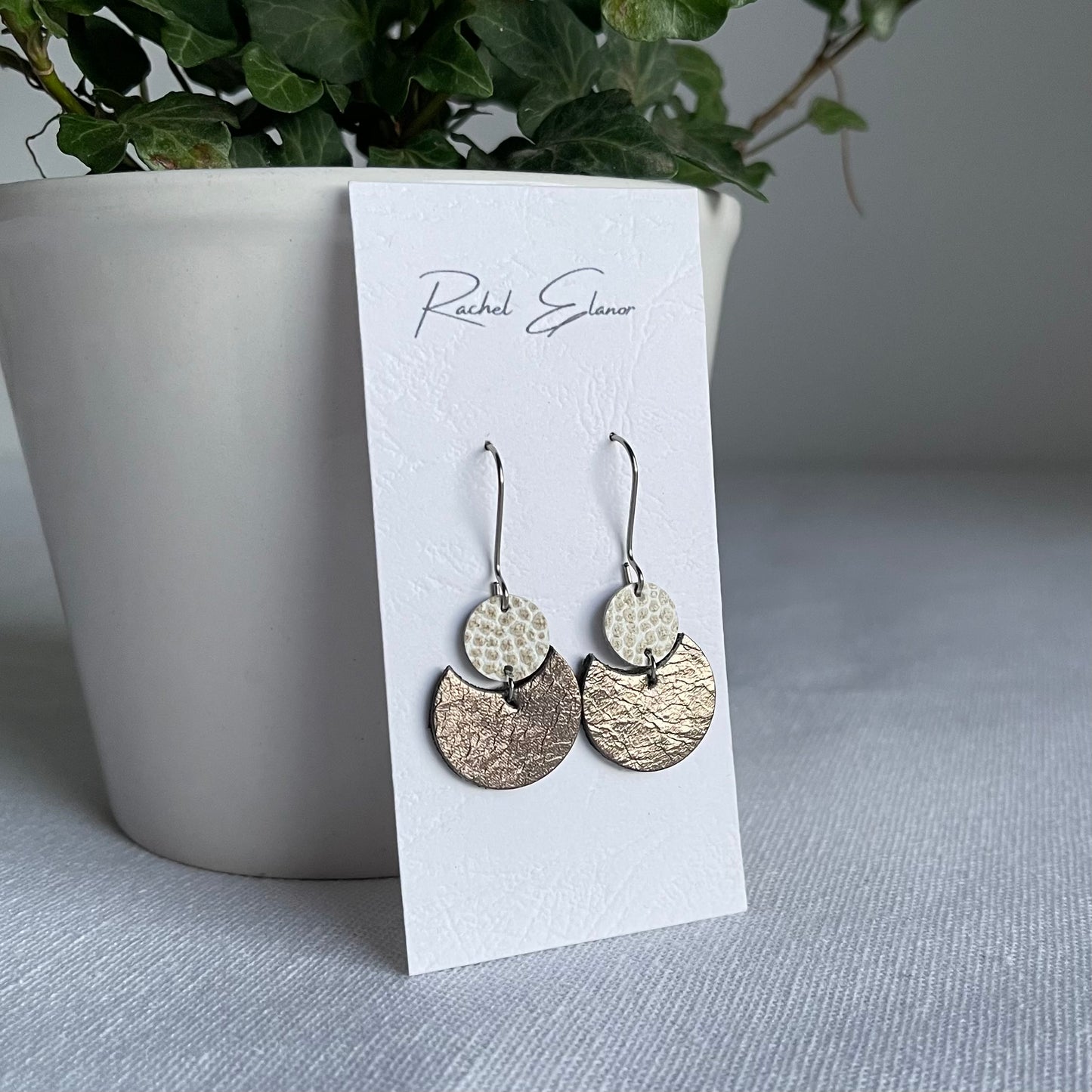 Metallic Pewter/White and Gold Geometric Leather Drop Earrings