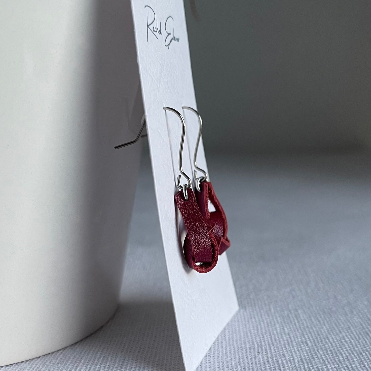 Burgundy Knotted Leather Drop Earrings