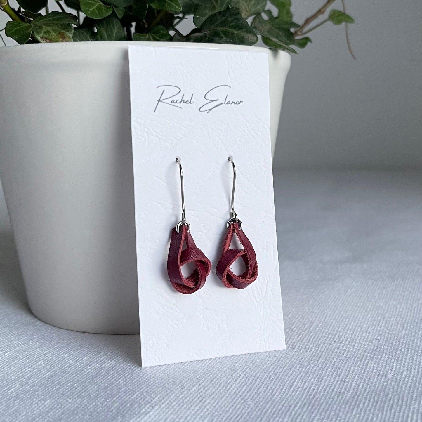Burgundy Knotted Leather Drop Earrings