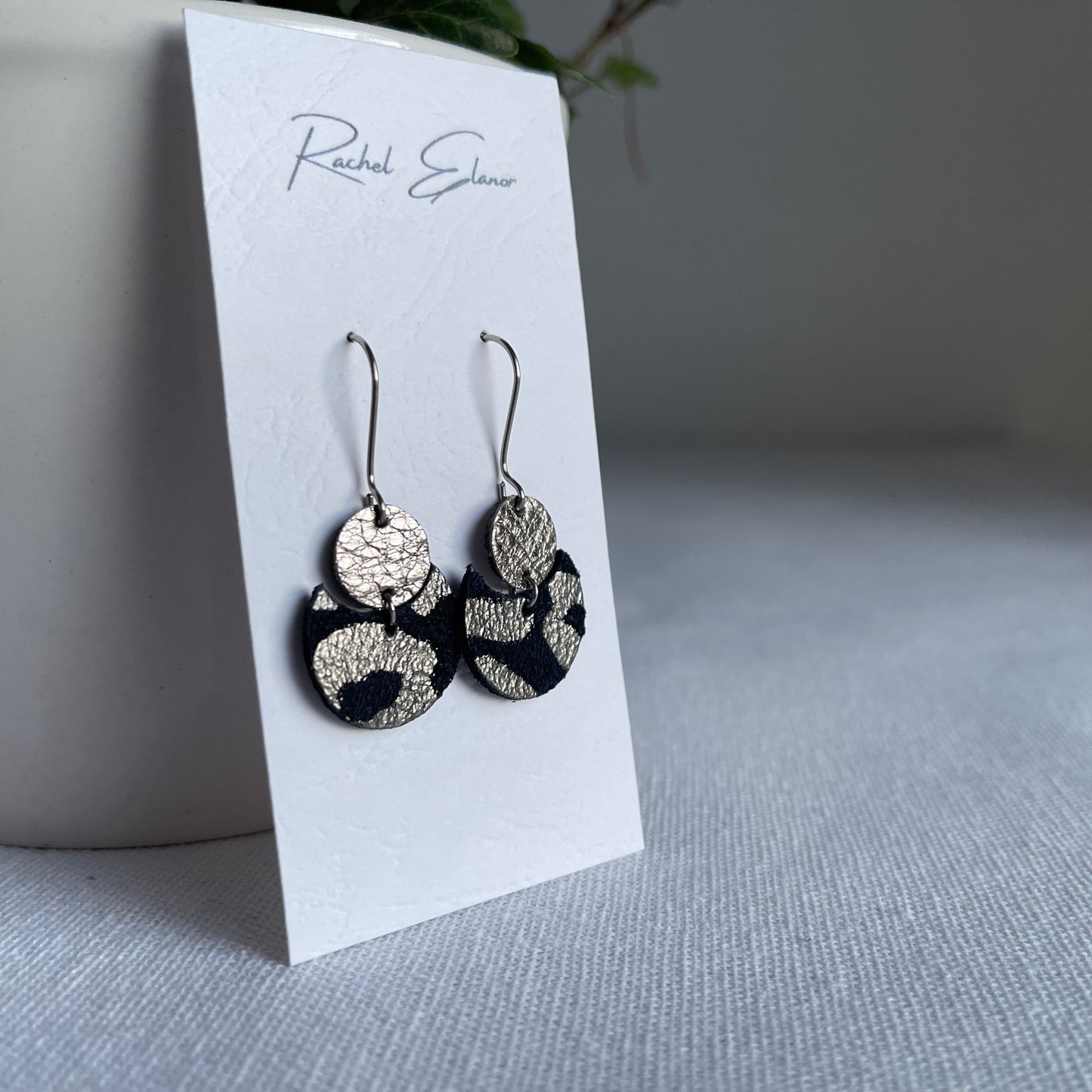 Navy/Silver Suede and Pewter Geometric Leather Drop Earrings