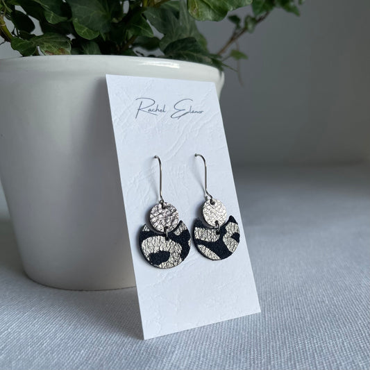 Navy/Silver Suede and Pewter Geometric Leather Drop Earrings