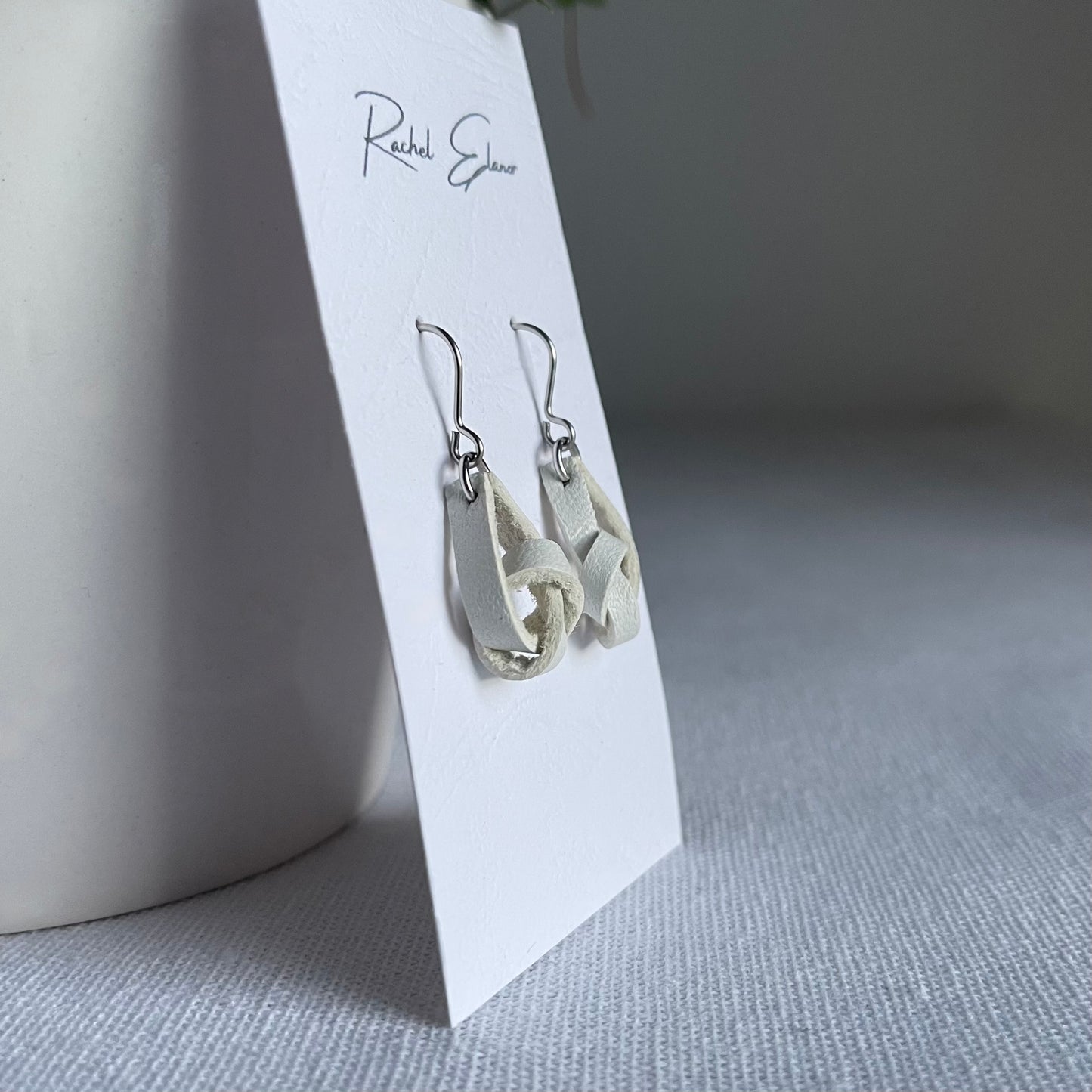 White Knotted Leather Drop Earrings