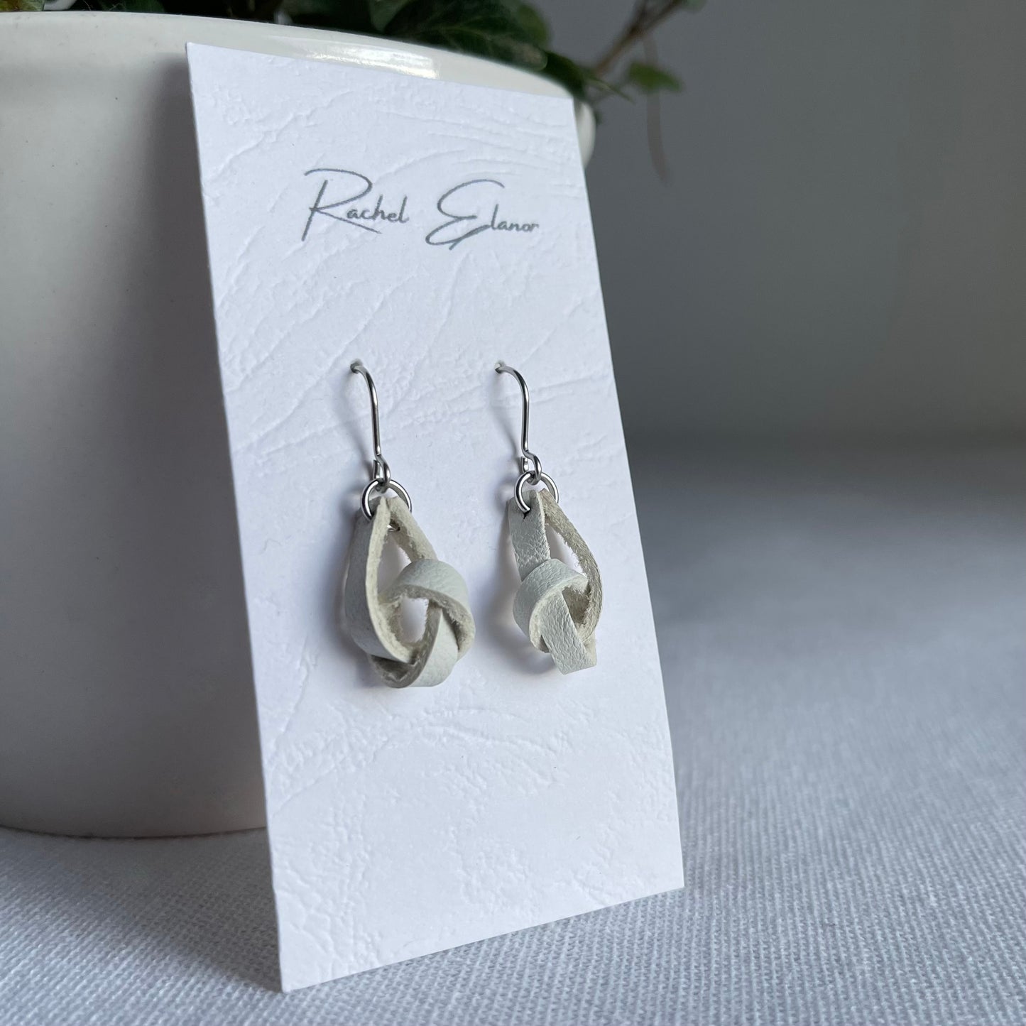 White Knotted Leather Drop Earrings