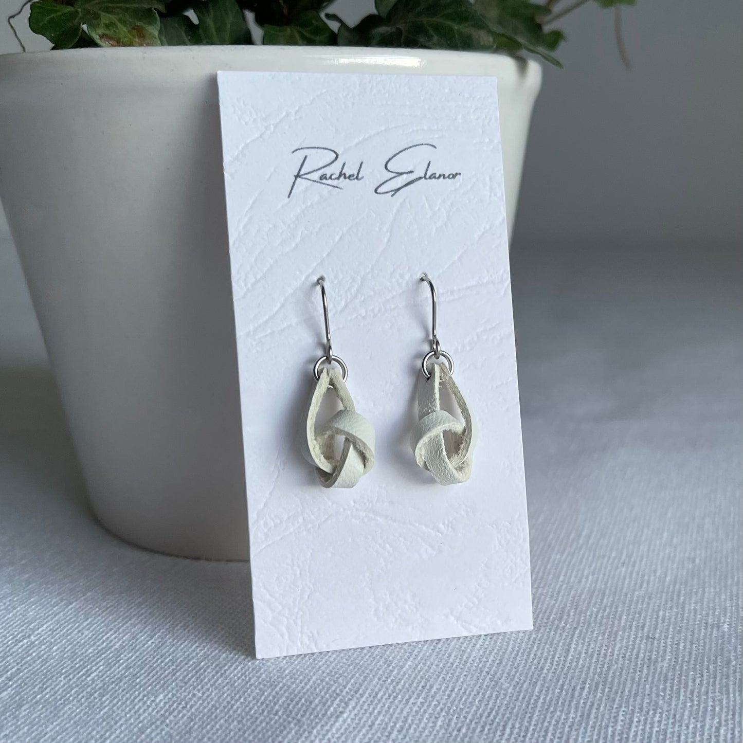 White Knotted Leather Drop Earrings