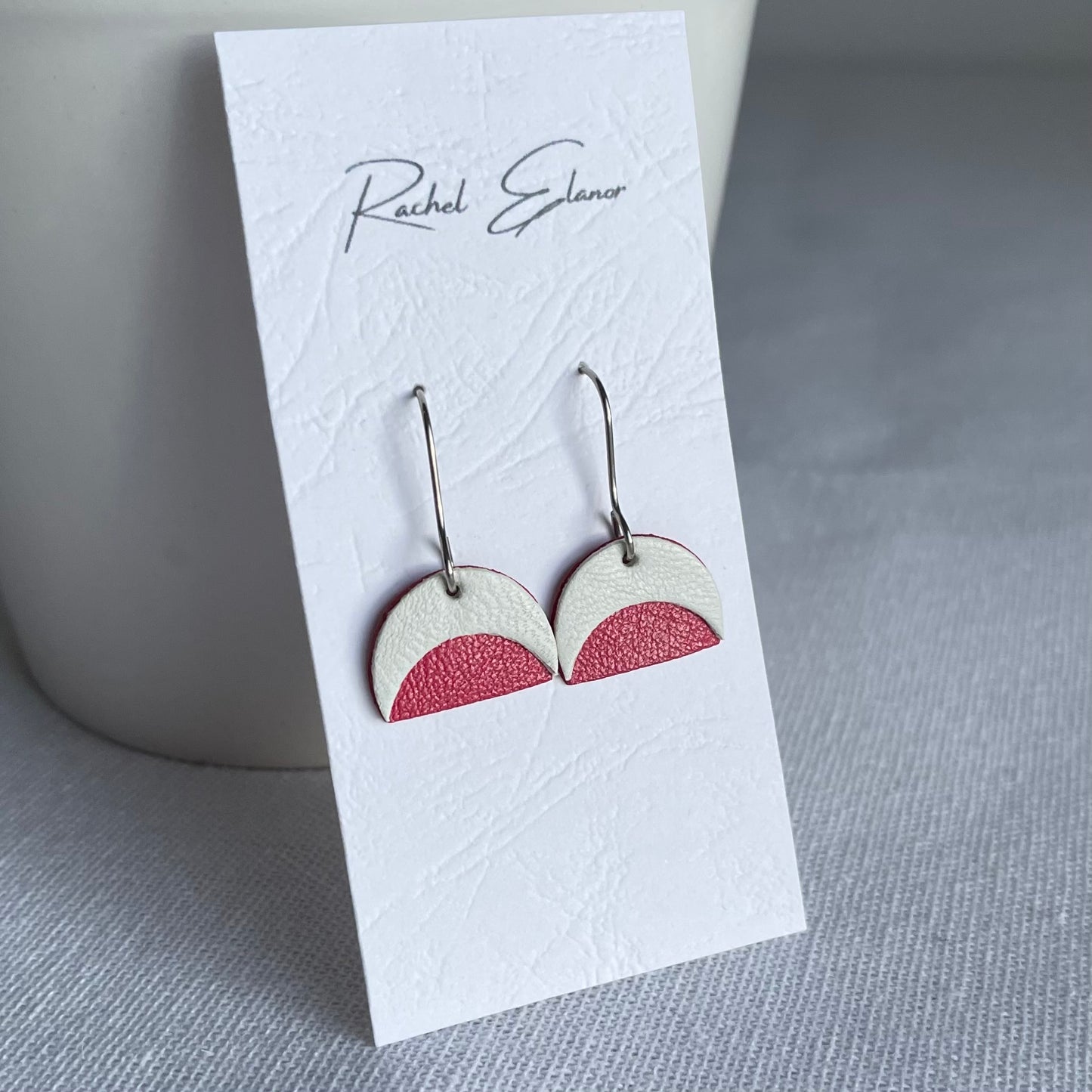 Pink/White Leather Crescent Drop Earrings