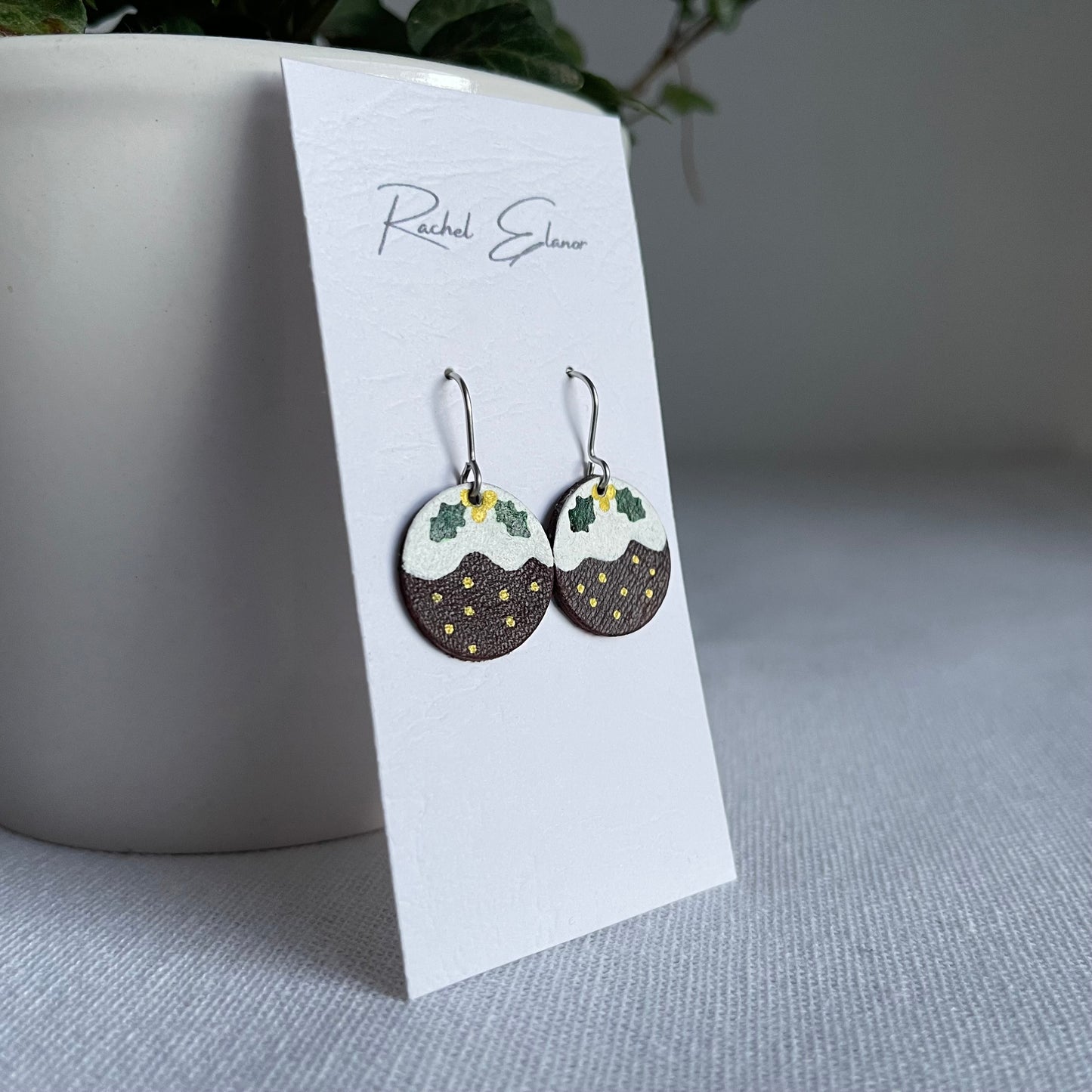 Christmas Pudding Leather Drop Earrings