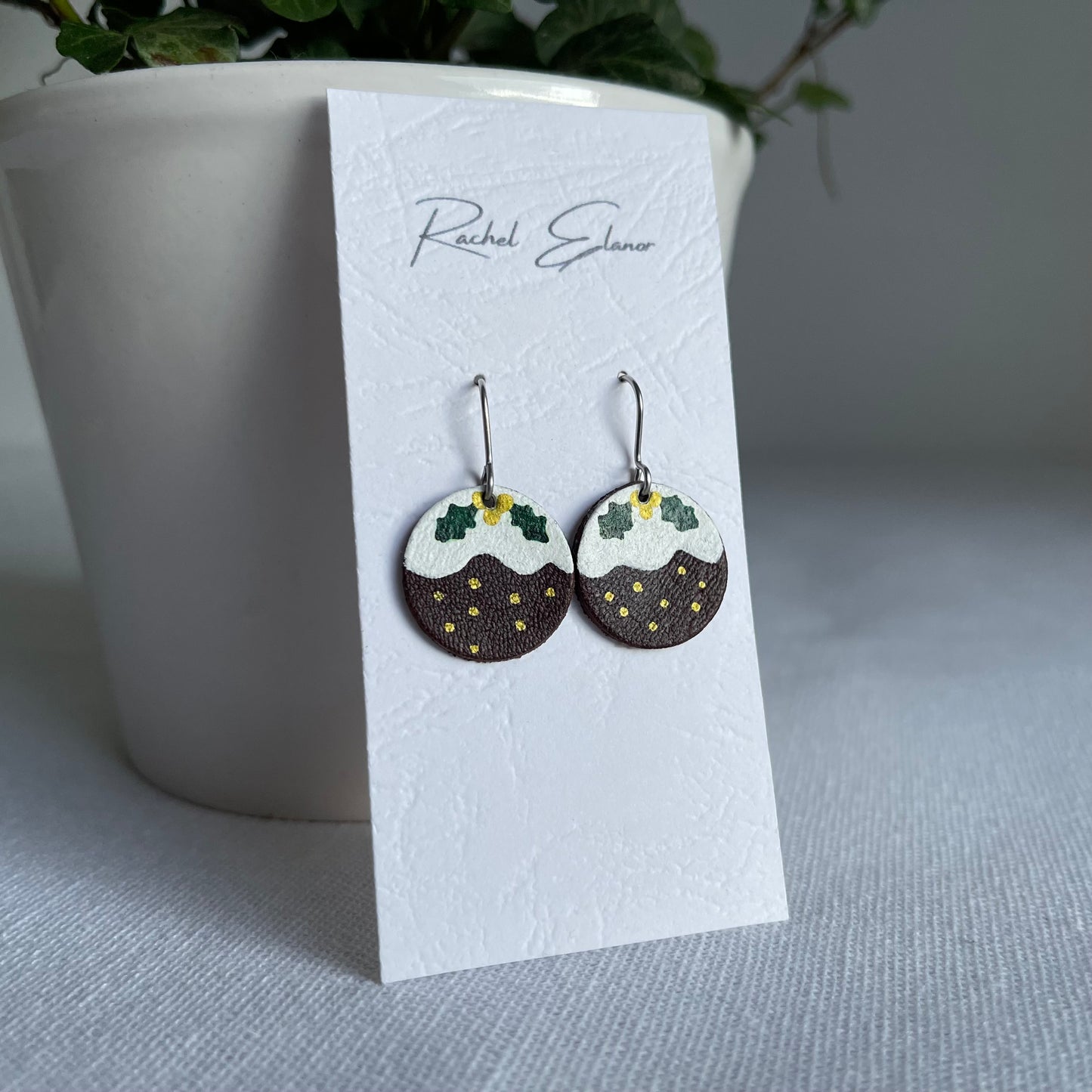Christmas Pudding Leather Drop Earrings