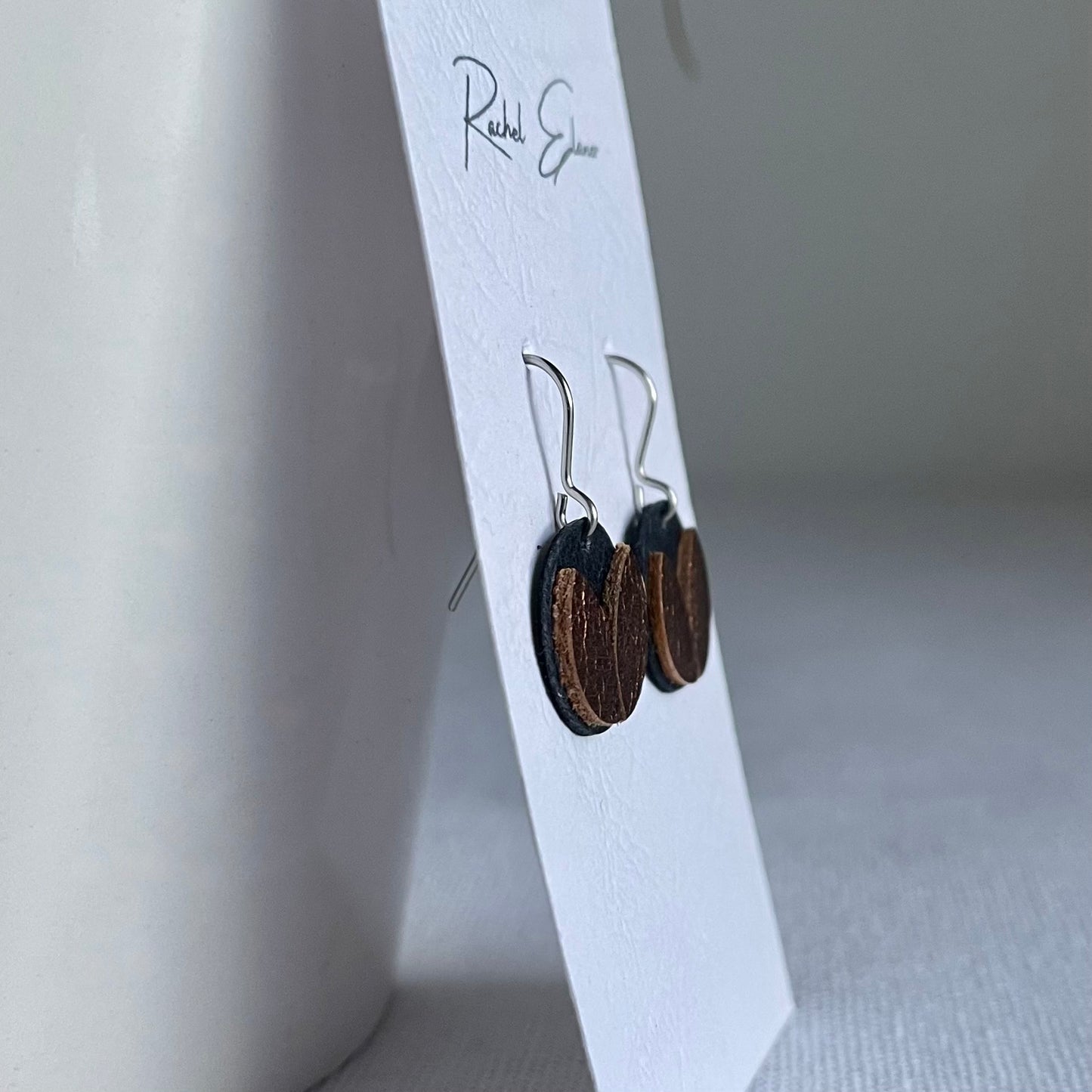 Navy/Bronze Petal Leather Drop Earrings