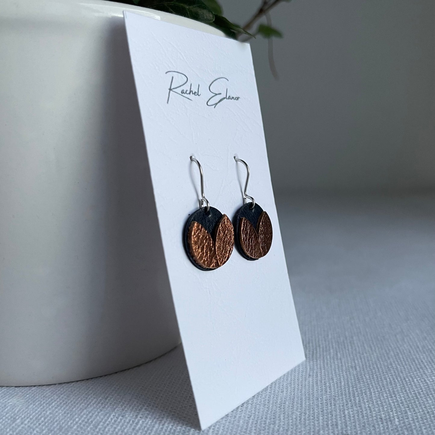 Navy/Bronze Petal Leather Drop Earrings