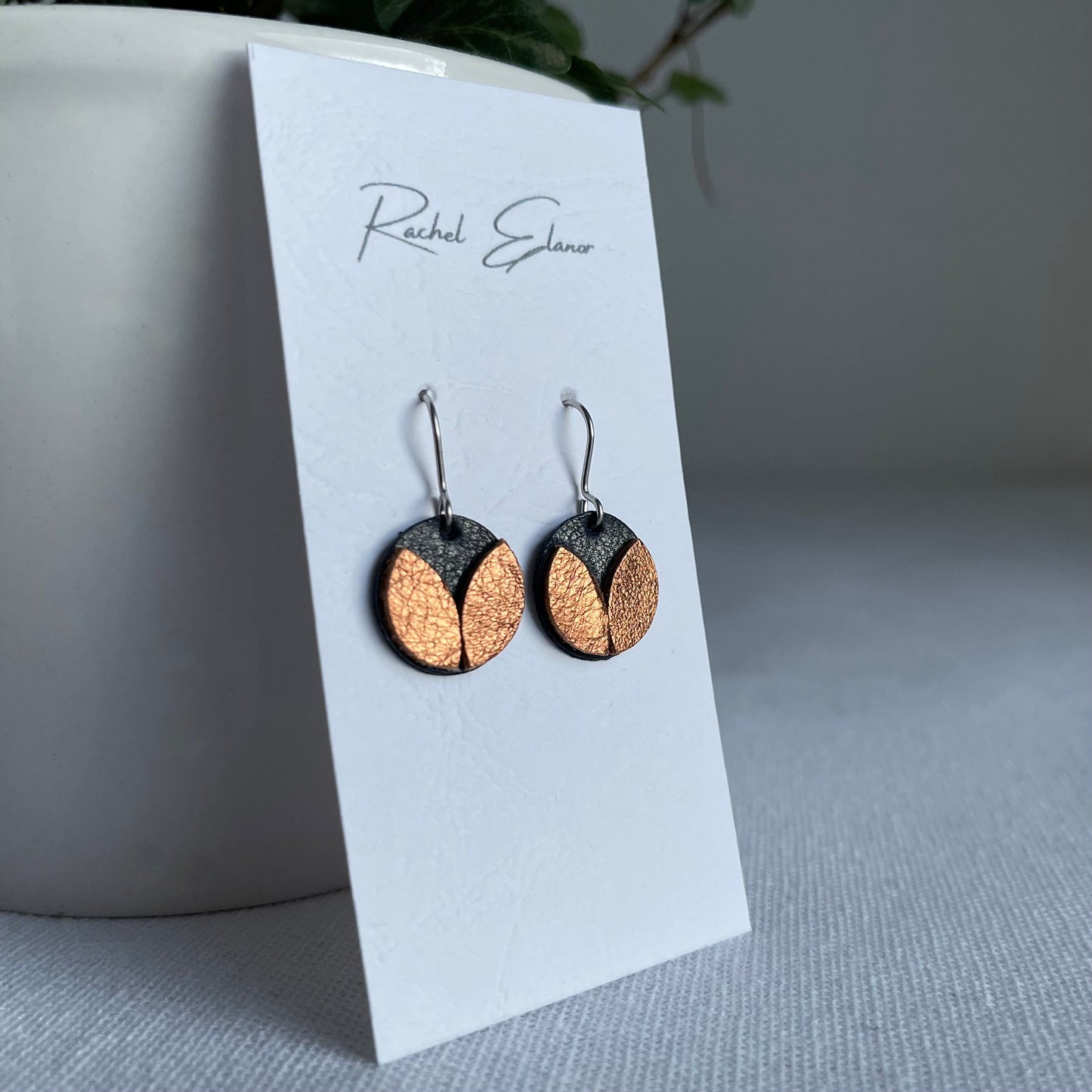 Navy/Bronze Petal Leather Drop Earrings