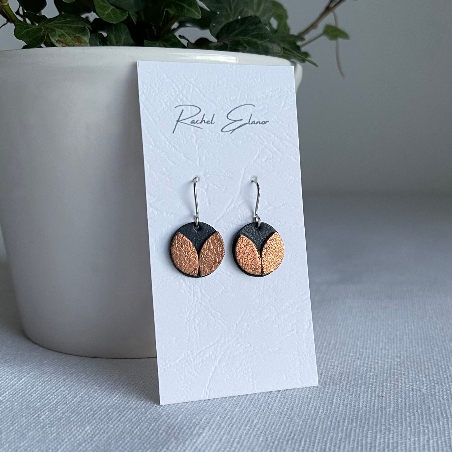 Navy/Bronze Petal Leather Drop Earrings