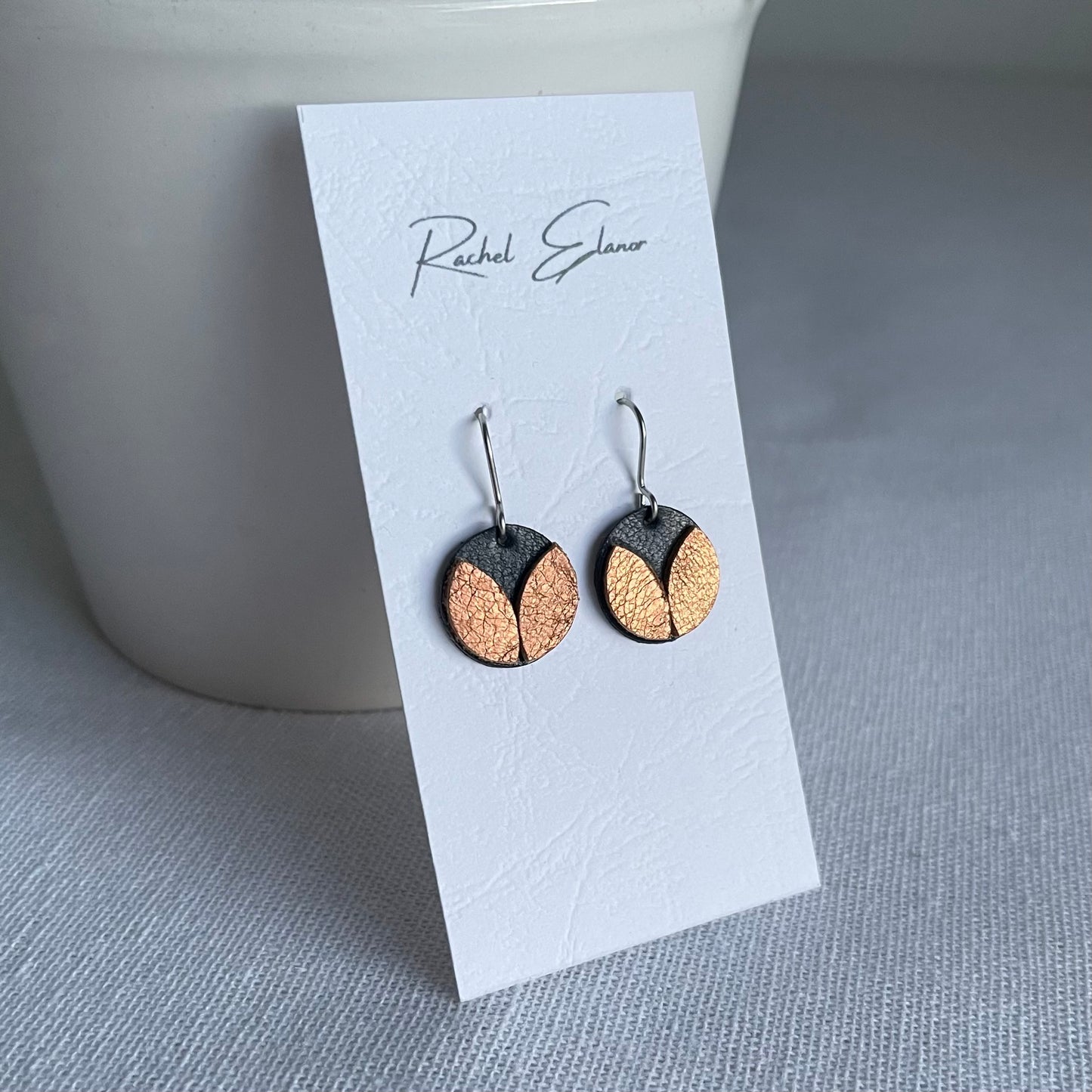 Navy/Bronze Petal Leather Drop Earrings
