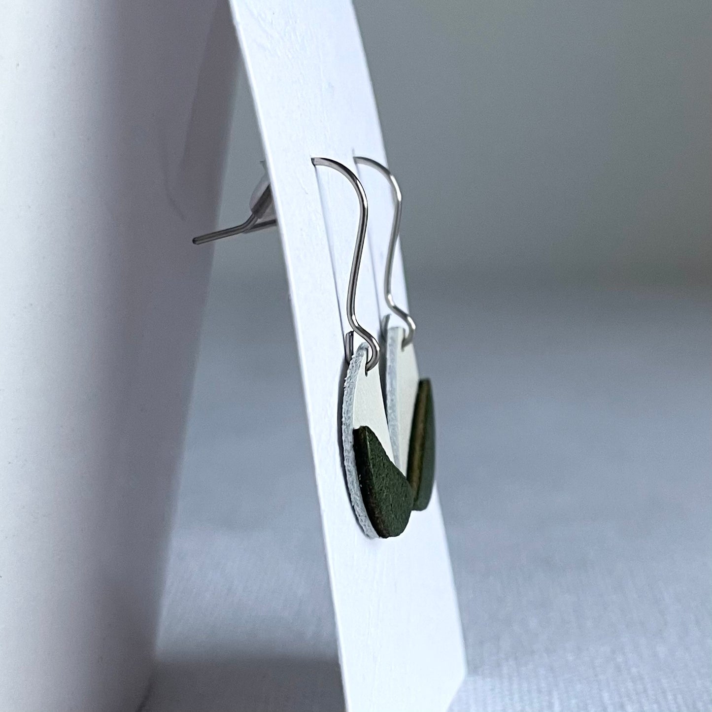 Green/White Leather Semi Circle Drop Earrings