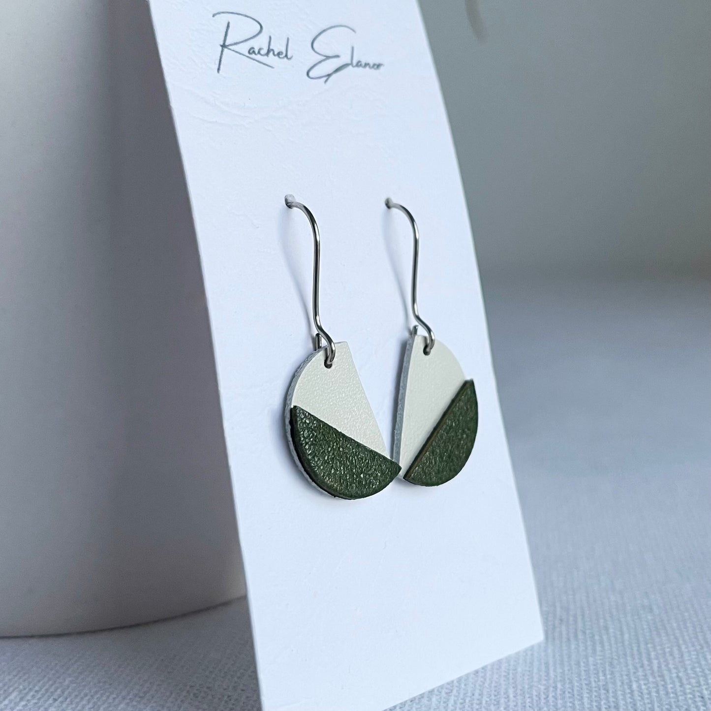 Green/White Leather Semi Circle Drop Earrings