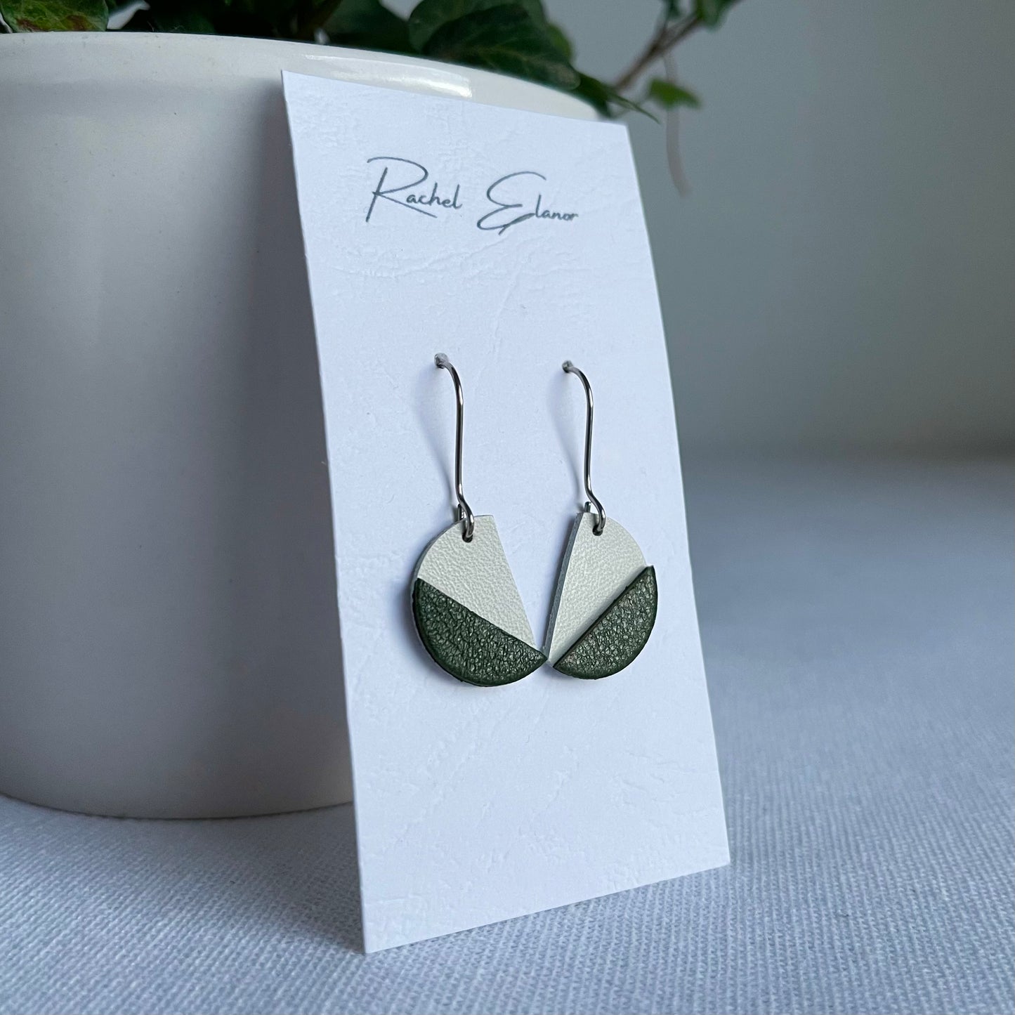 Green/White Leather Semi Circle Drop Earrings