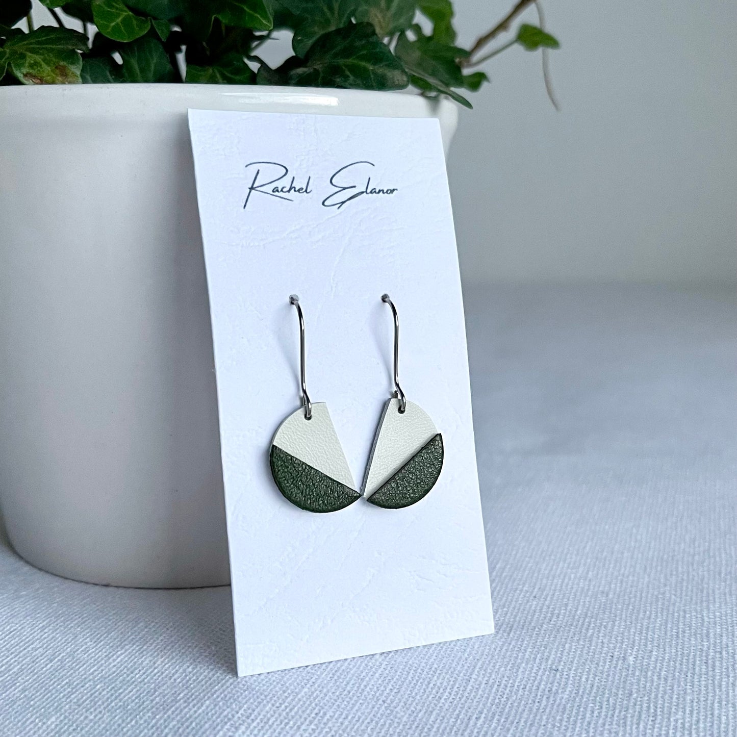 Green/White Leather Semi Circle Drop Earrings