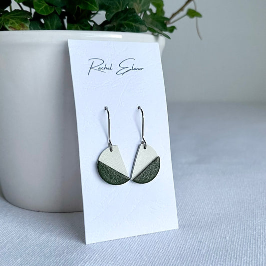 Green/White Leather Semi Circle Drop Earrings