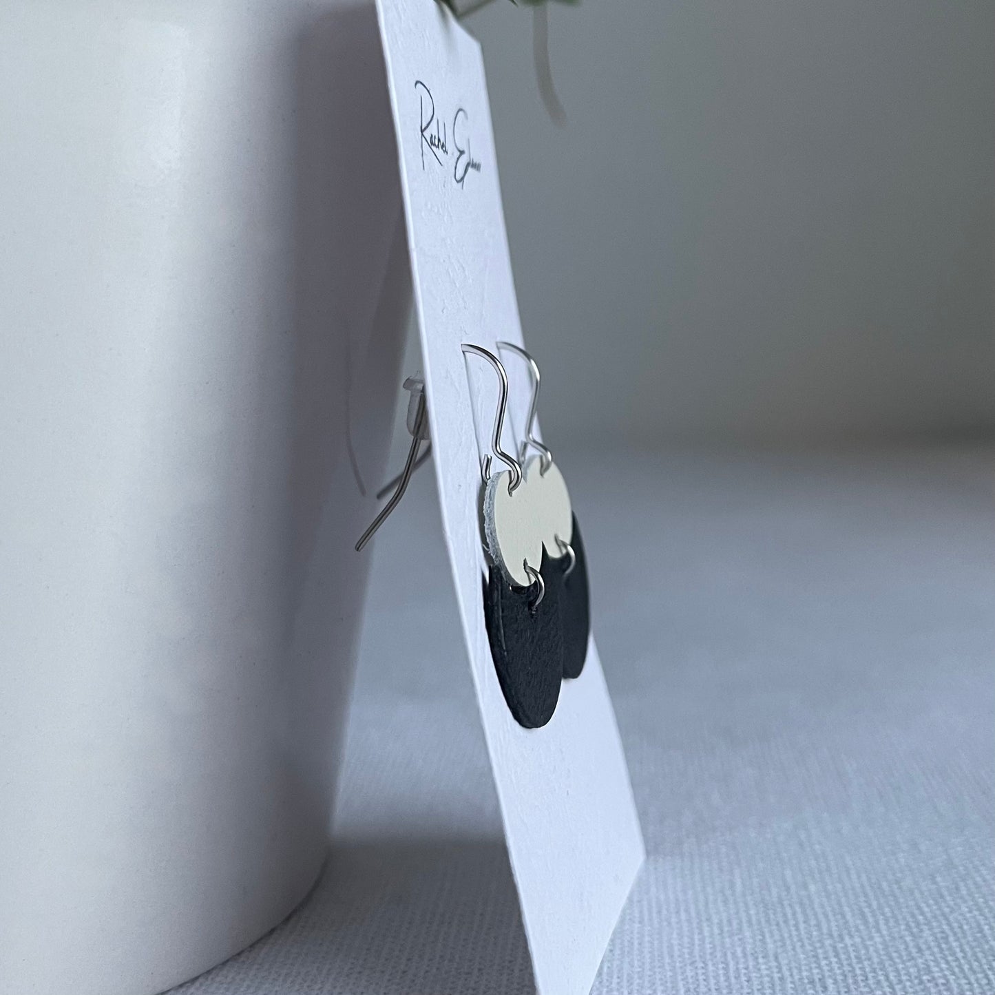 Navy/White Geometric Leather Drop Earrings