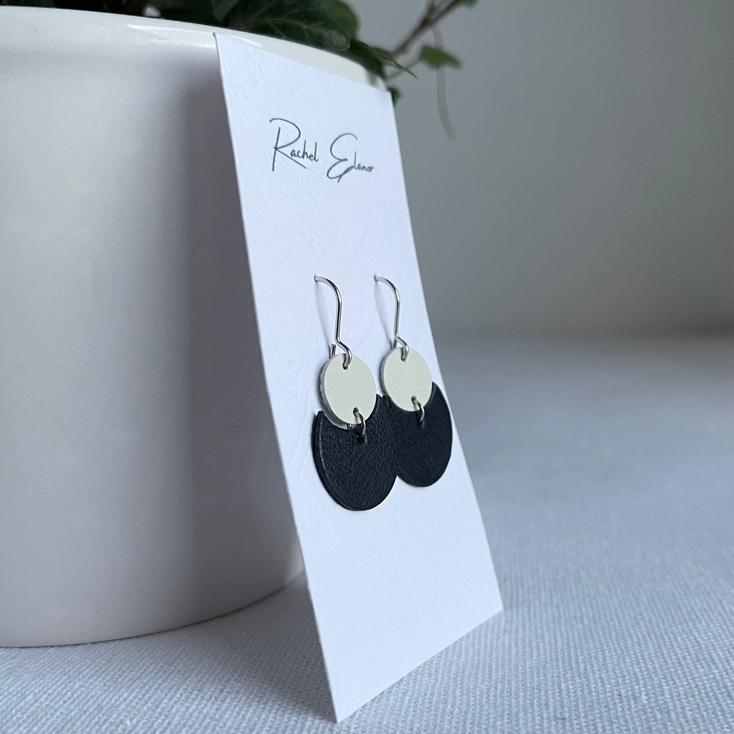 Navy/White Geometric Leather Drop Earrings