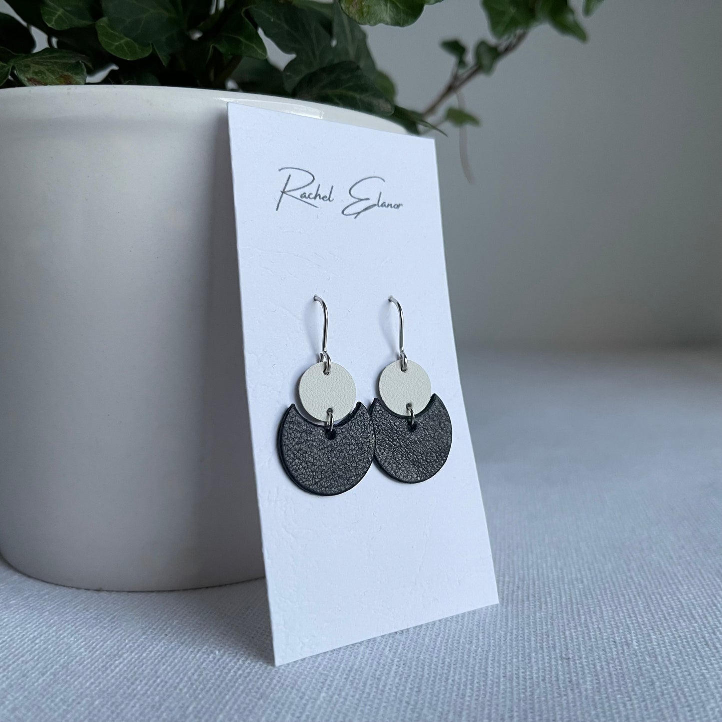 Navy/White Geometric Leather Drop Earrings