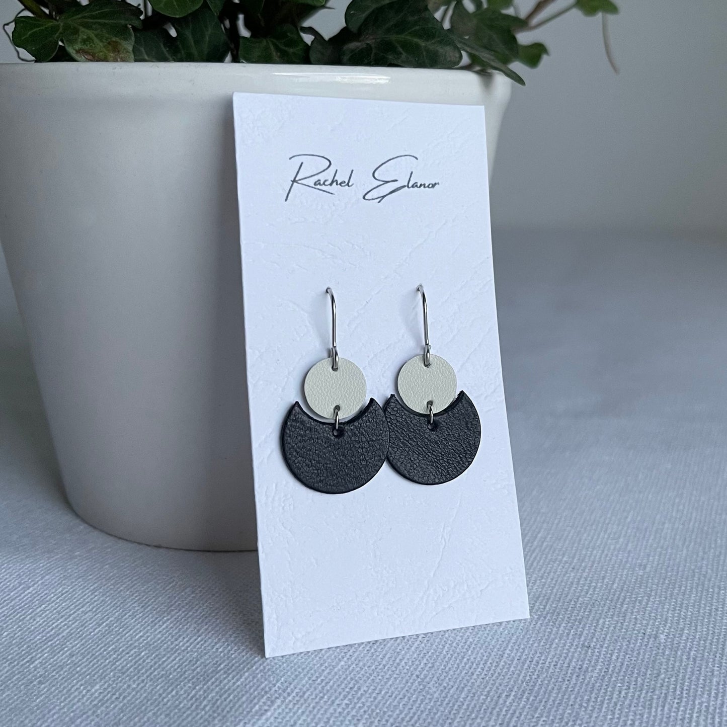 Navy/White Geometric Leather Drop Earrings