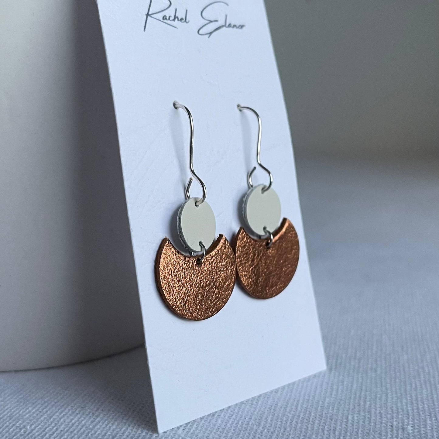 Metallic Bronze/White Geometric Leather Drop Earrings