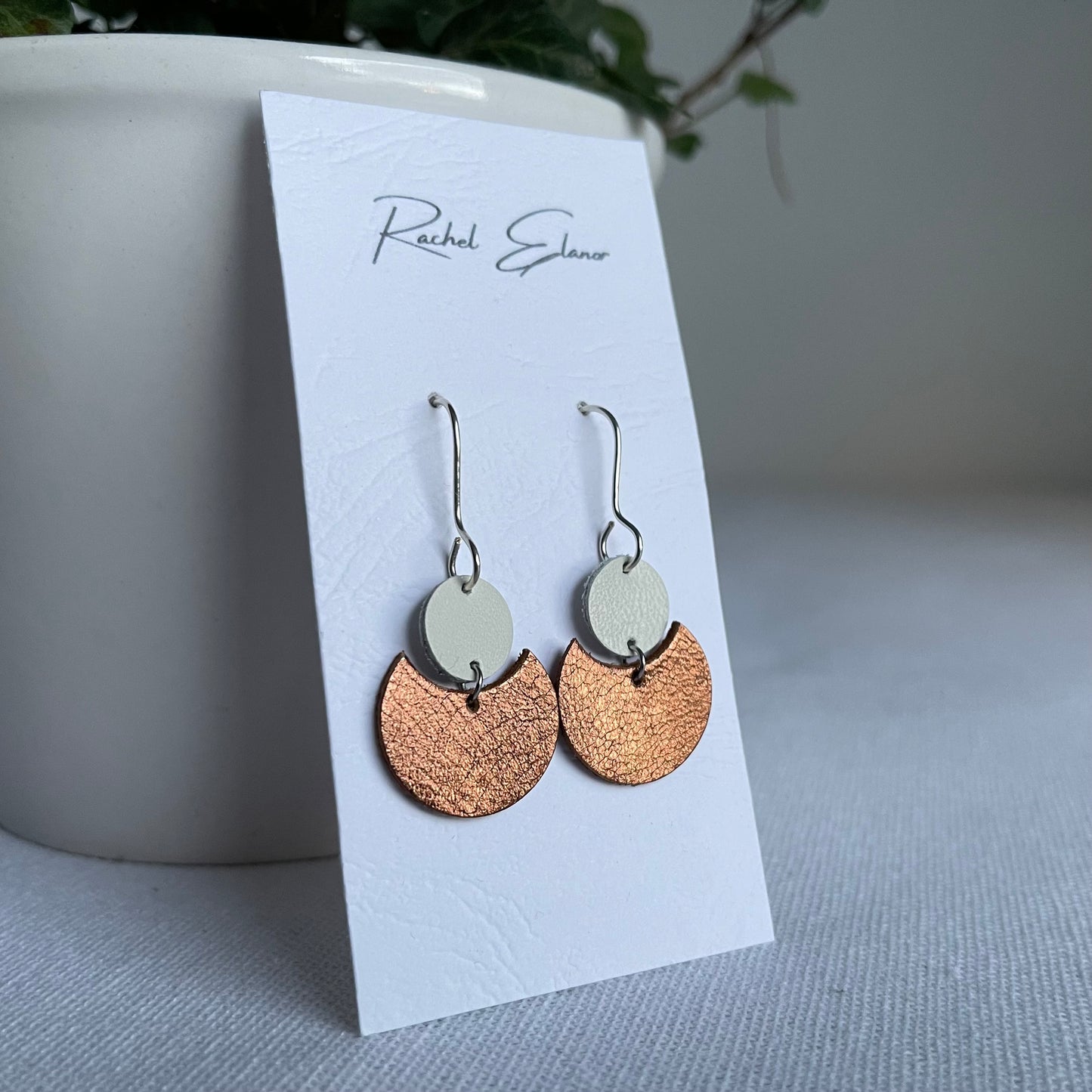 Metallic Bronze/White Geometric Leather Drop Earrings