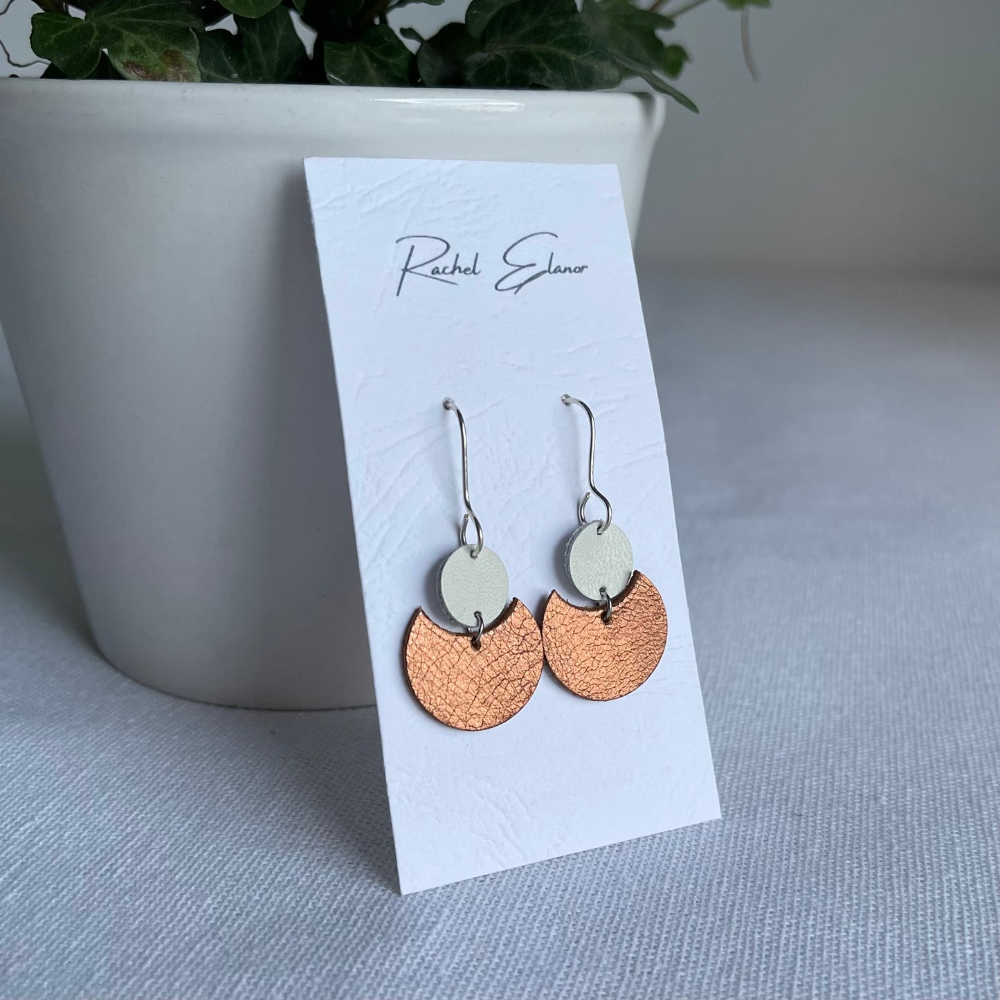 Metallic Bronze/White Geometric Leather Drop Earrings