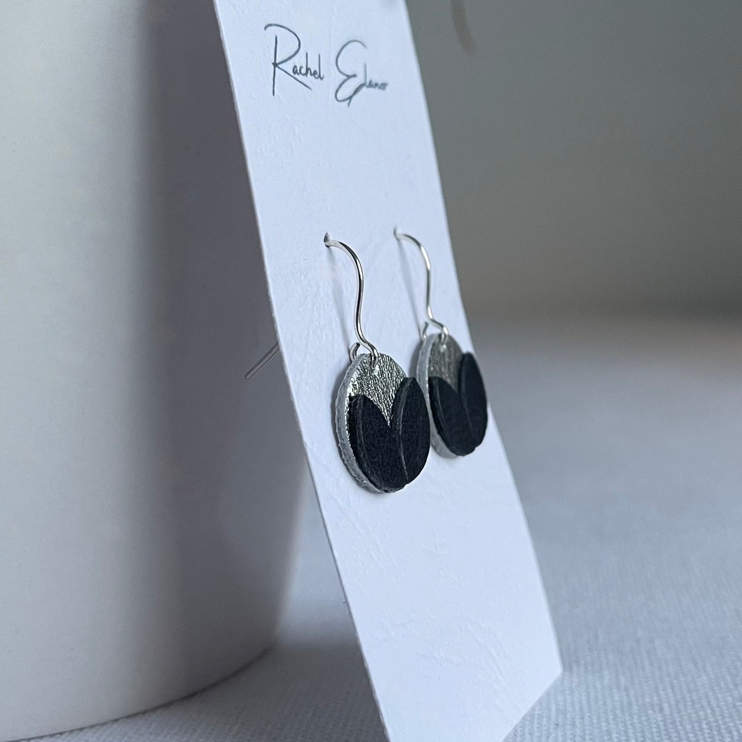 Silver/Navy Petal Leather Drop Earrings