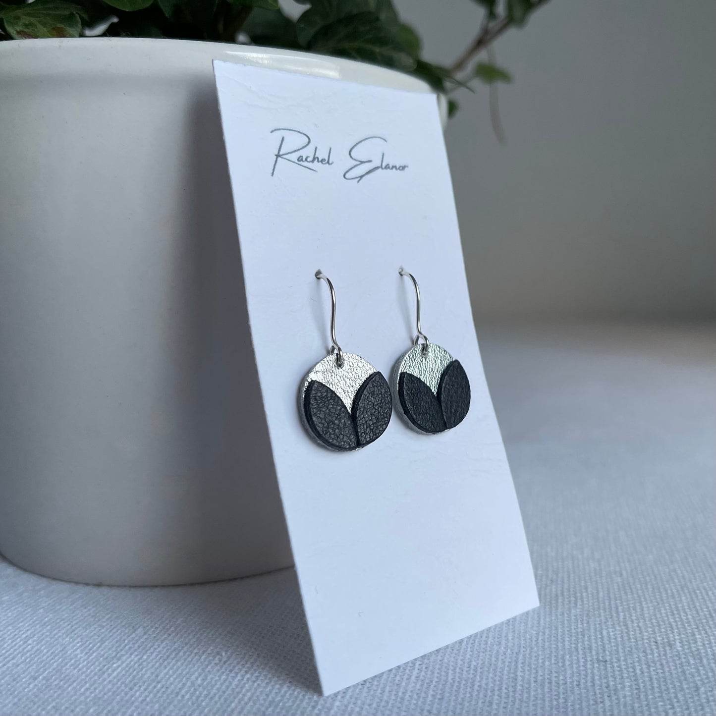 Silver/Navy Petal Leather Drop Earrings