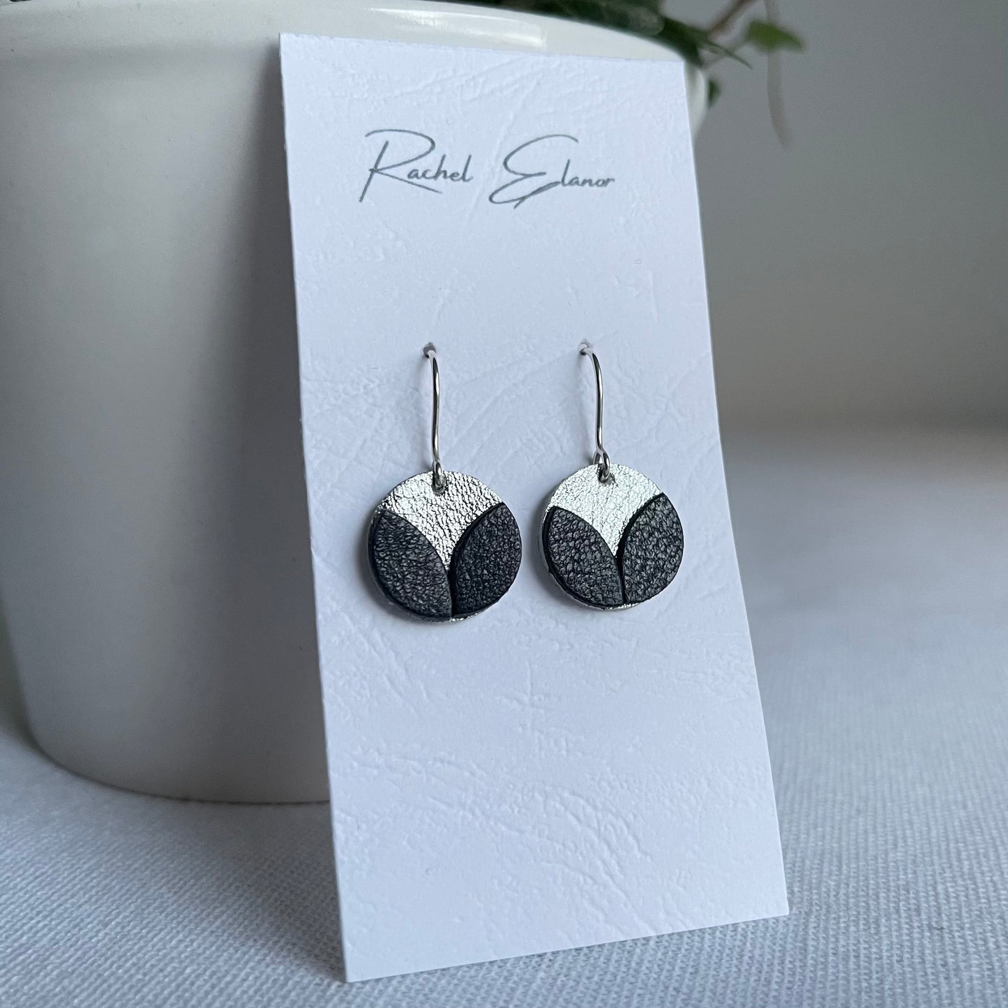 Silver/Navy Petal Leather Drop Earrings