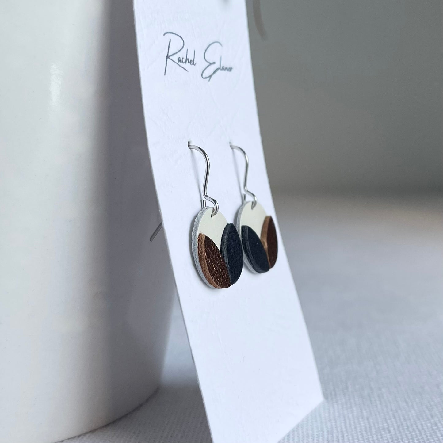 White/Navy/Bronze Petal Leather Drop Earrings