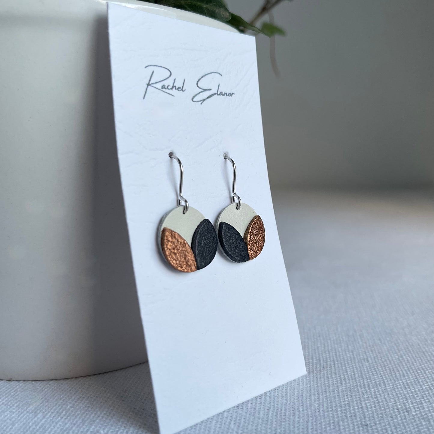 White/Navy/Bronze Petal Leather Drop Earrings