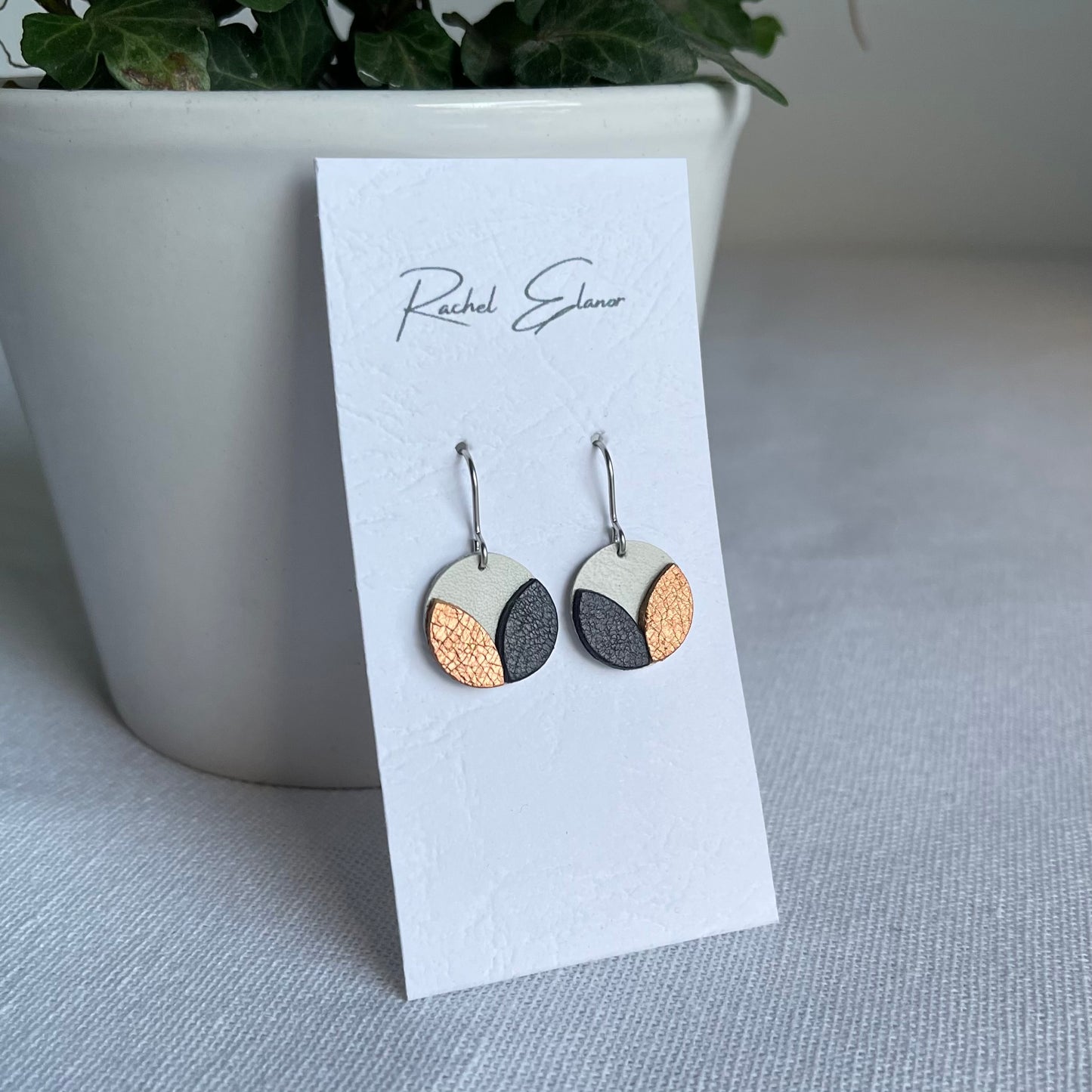 White/Navy/Bronze Petal Leather Drop Earrings