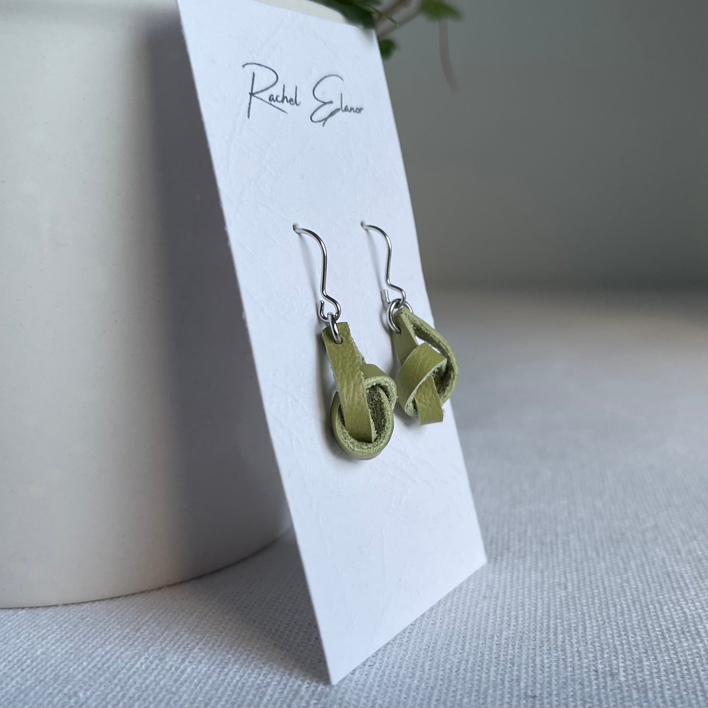 Lime Green Knotted Leather Drop Earrings