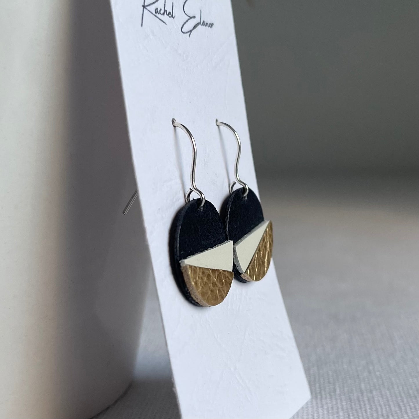 Navy/White/Gold Geometric Leather Drop Earrings