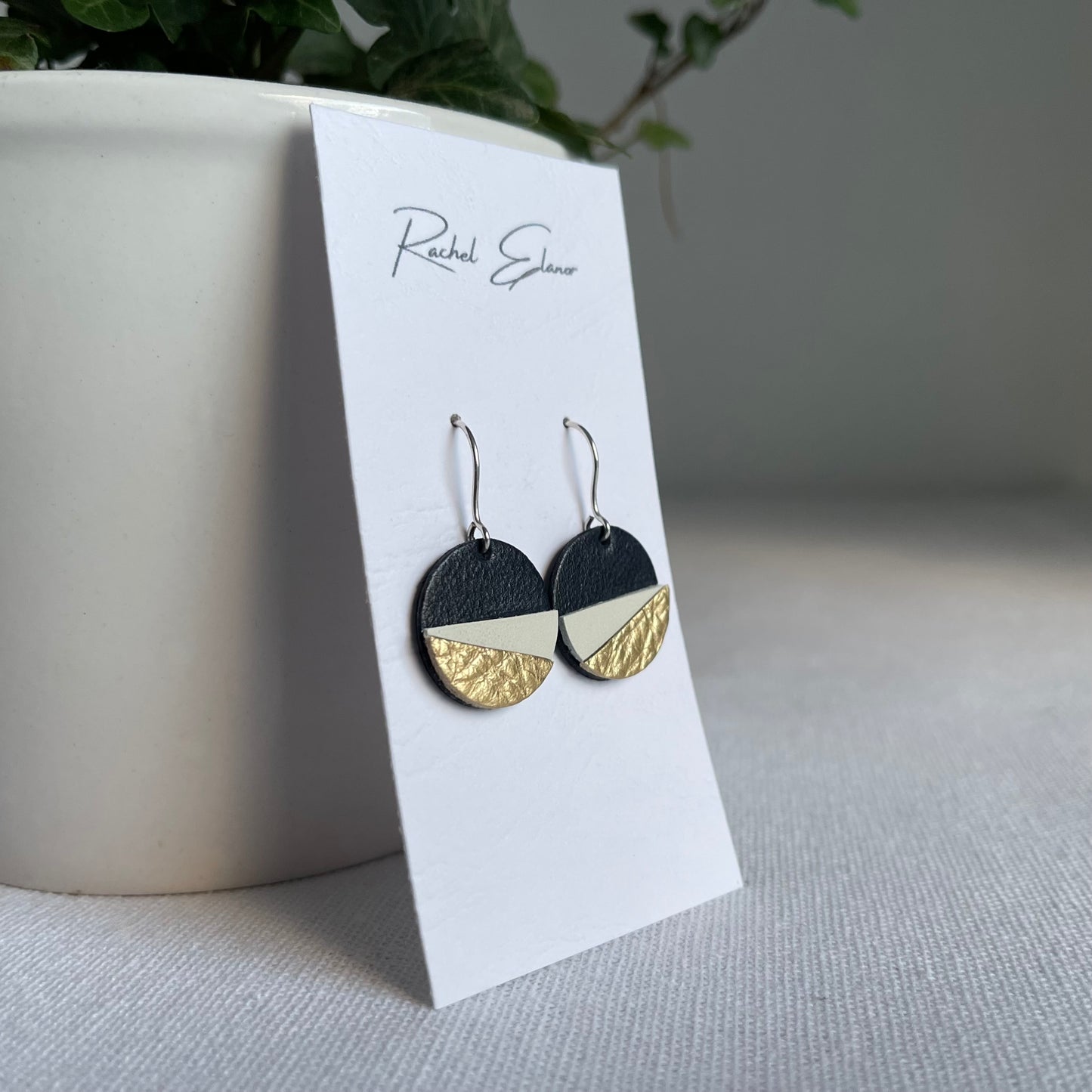 Navy/White/Gold Geometric Leather Drop Earrings