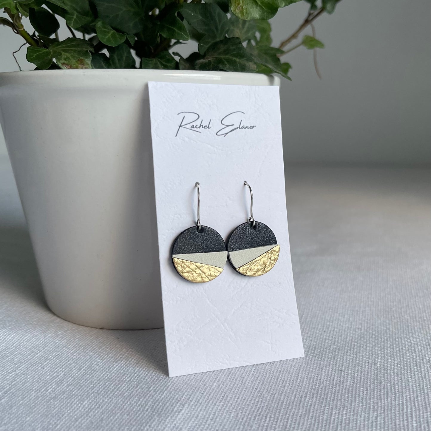 Navy/White/Gold Geometric Leather Drop Earrings