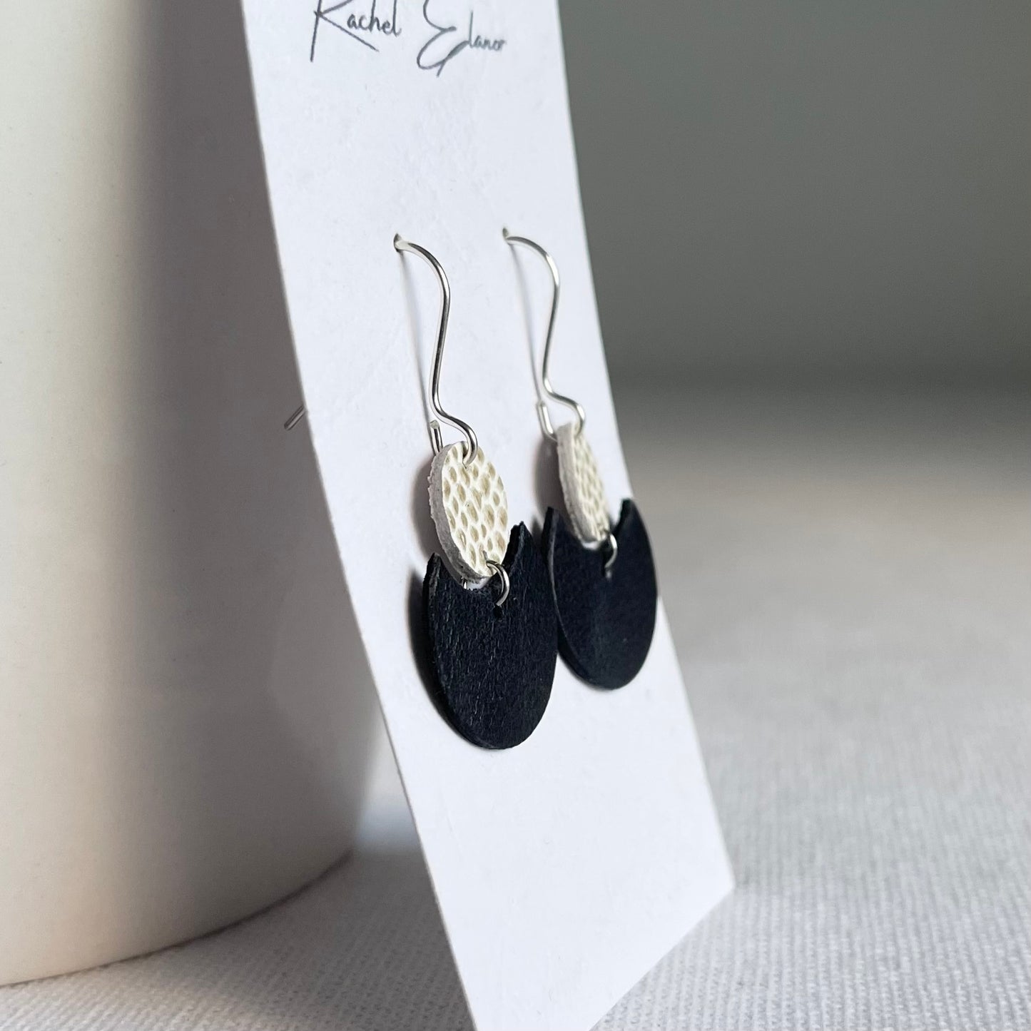 Navy with White/Gold Geometric Leather Drop Earrings