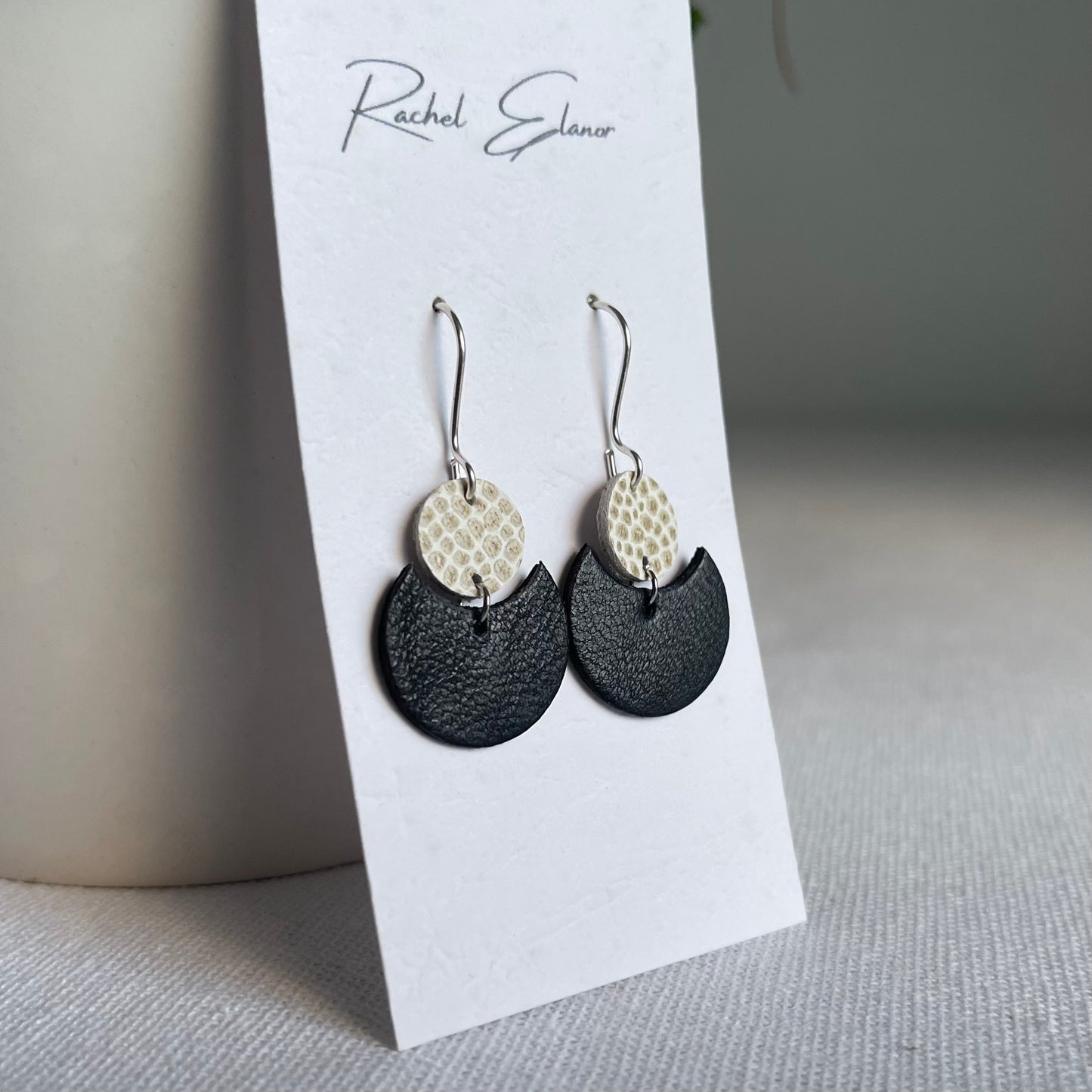 Navy with White/Gold Geometric Leather Drop Earrings