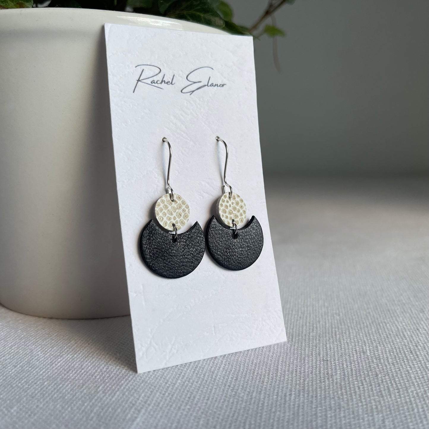 Navy with White/Gold Geometric Leather Drop Earrings