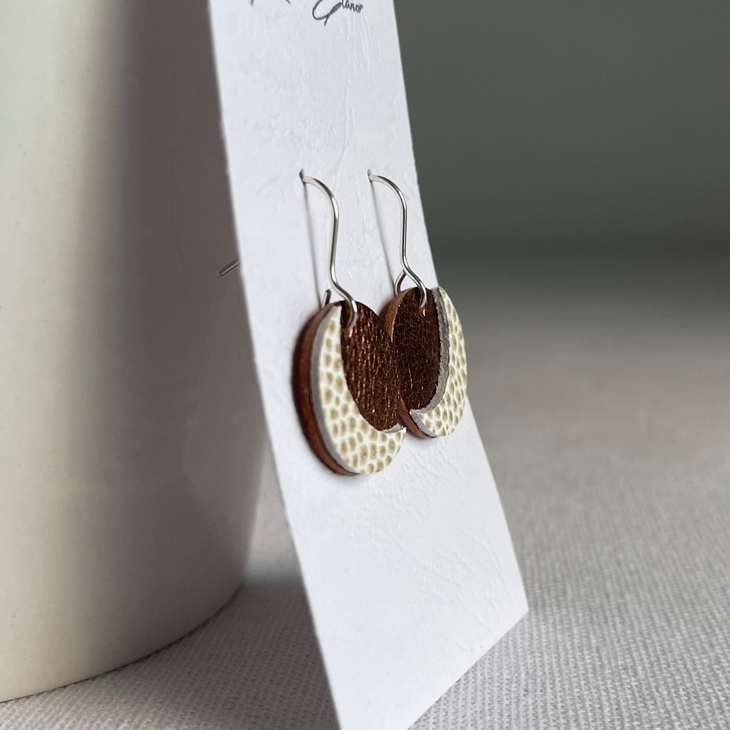 Metallic Bronze Moon Leather Drop Earrings
