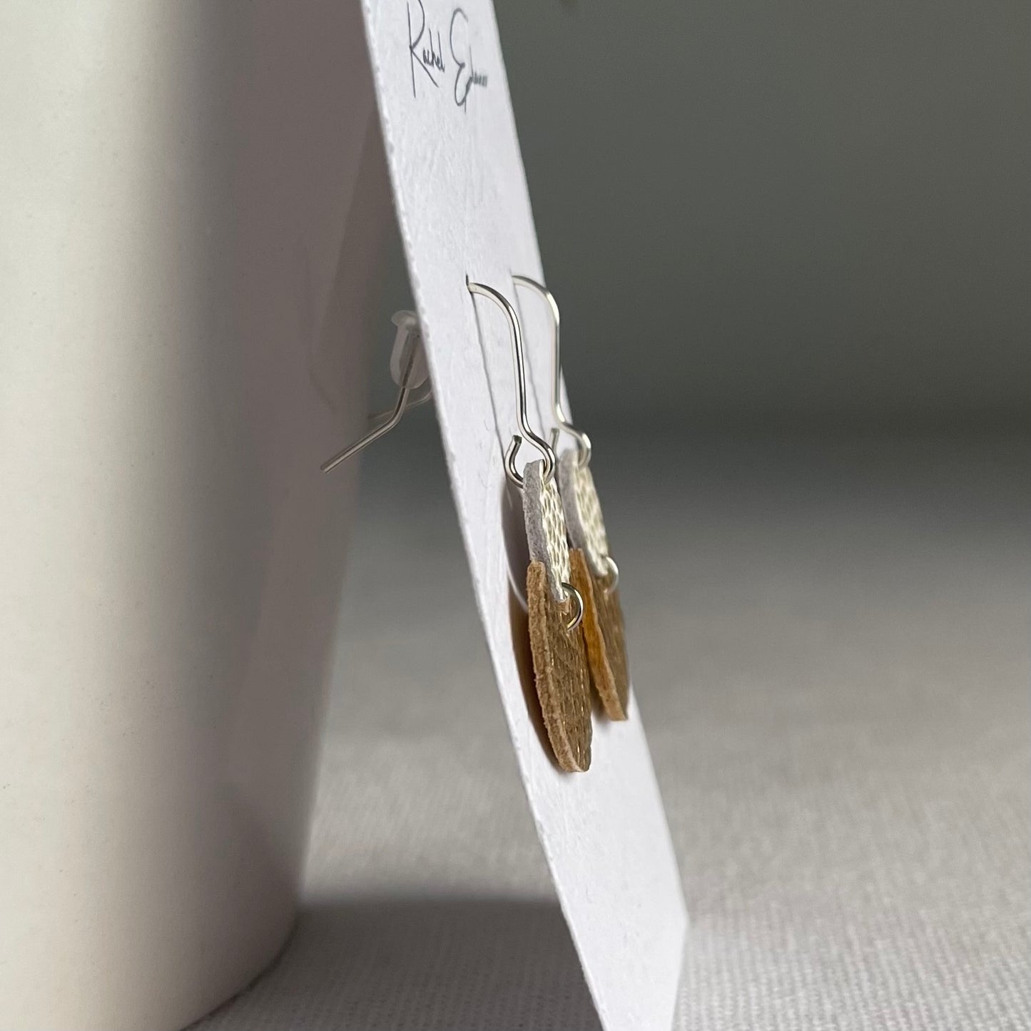 Metallic Gold with White/Gold Geometric Leather Drop Earrings