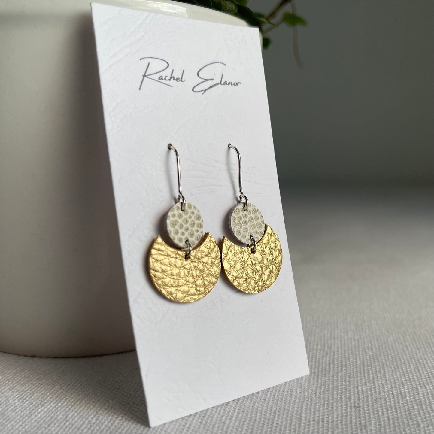 Metallic Gold with White/Gold Geometric Leather Drop Earrings