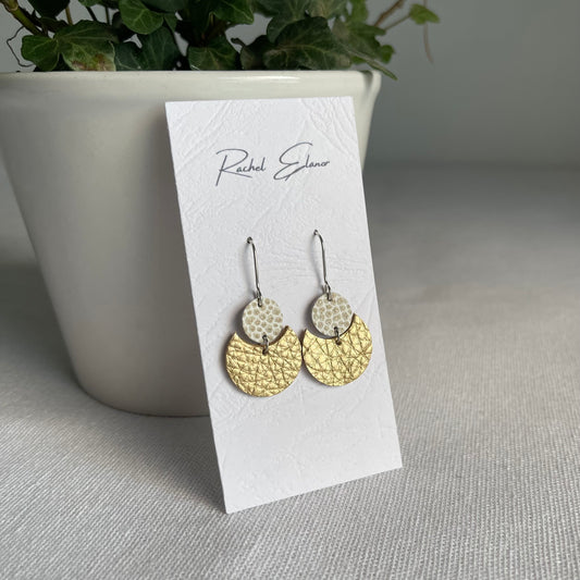 Metallic Gold with White/Gold Geometric Leather Drop Earrings