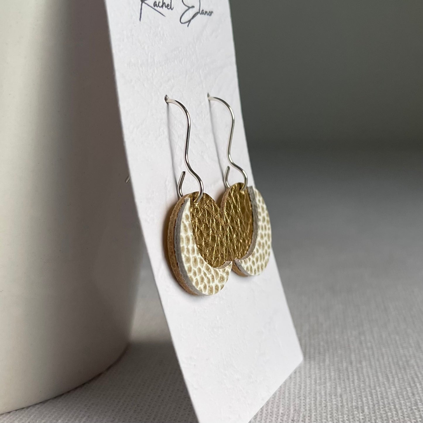 Gold/White Moon Leather Drop Earrings