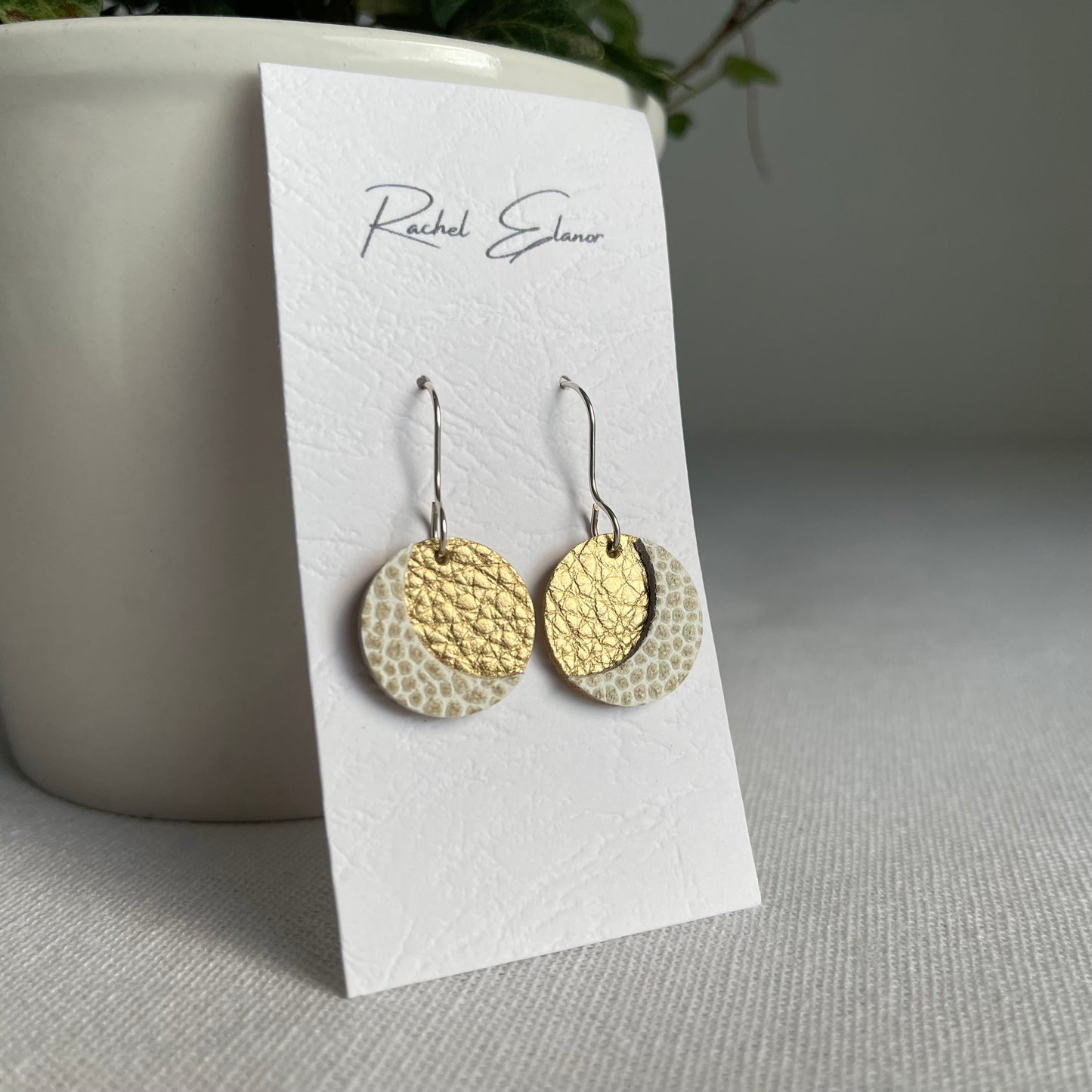 Gold/White Moon Leather Drop Earrings