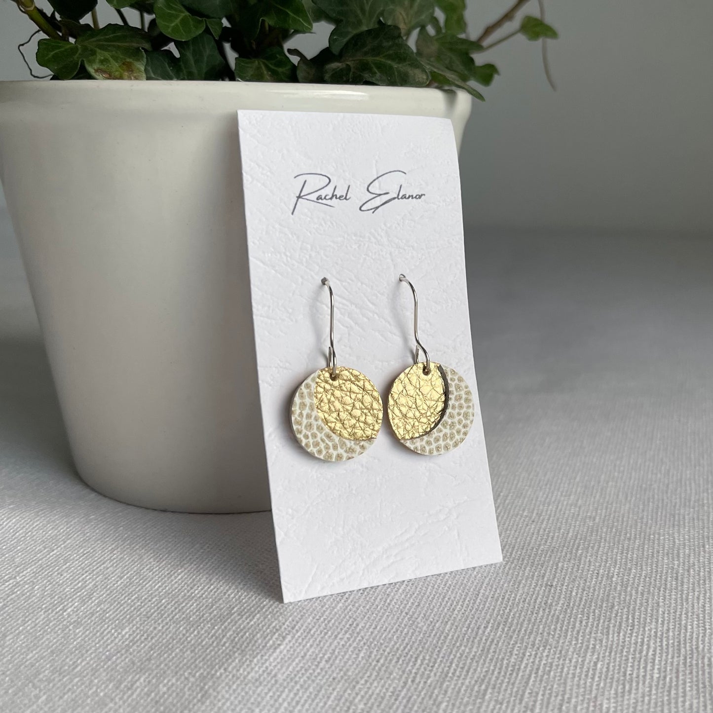 Gold/White Moon Leather Drop Earrings