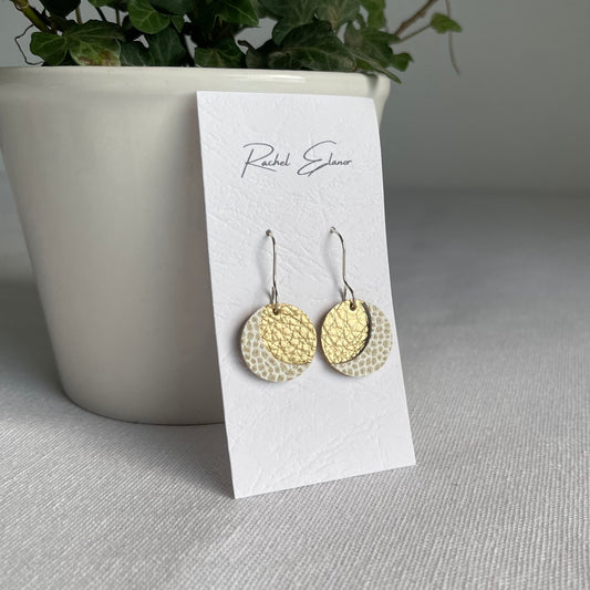 Gold/White Moon Leather Drop Earrings