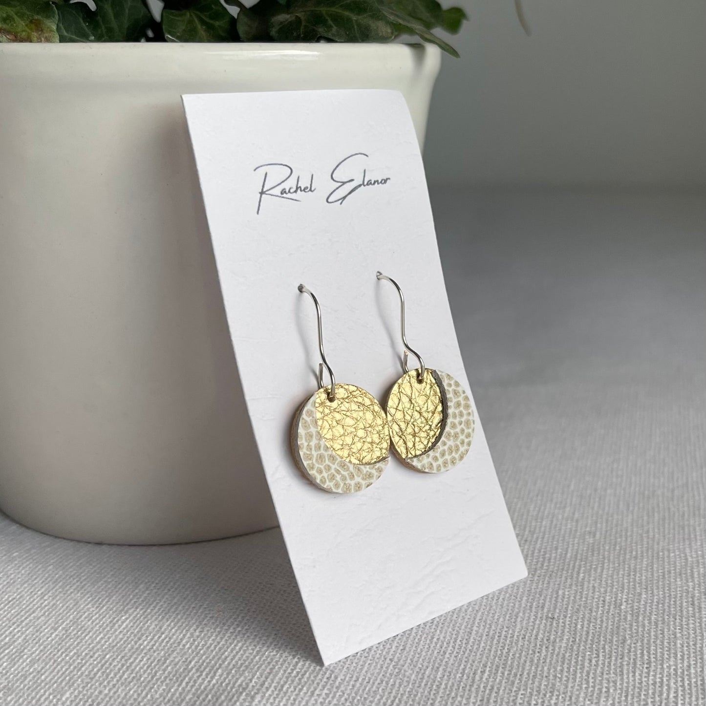 Gold/White Moon Leather Drop Earrings